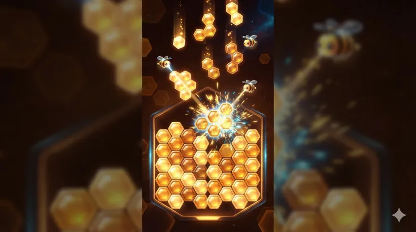 Drone Drop key art: glowing hexagonal honeycomb blocks stacking into a grid with sparks