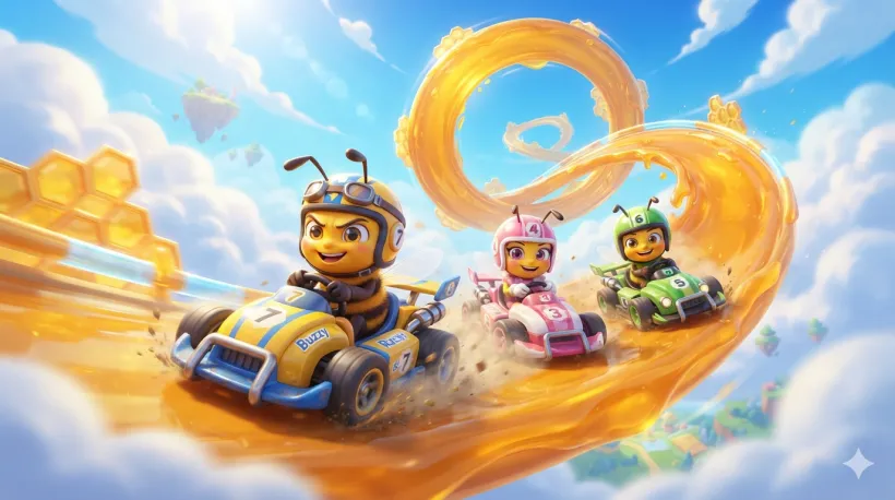 Nectar Kart key art: cute bees racing karts around a looping honey-drop track in the sky